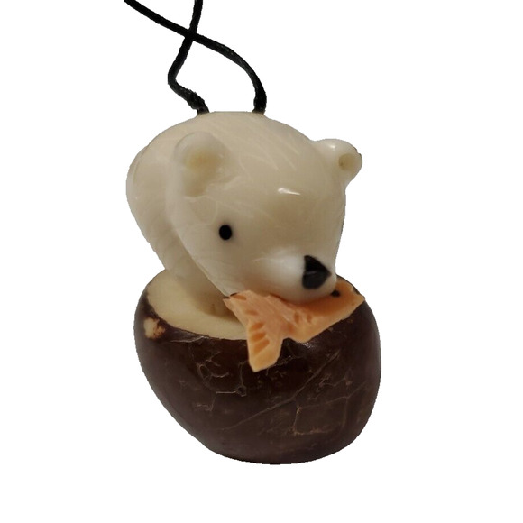 Tagua Nut Carving Polar Bear With Fish Hanging Ornament - Picture 5 of 7